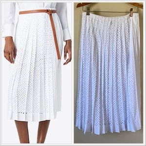 Tory Burch Carine White Pleated Laser Cut Midi Skirt